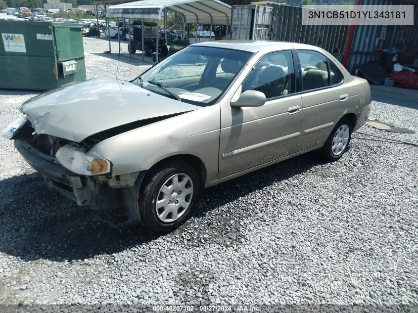 2000 Nissan Sentra Gxe/Xe VIN: 3N1CB51D1YL343181 Lot: 40207102