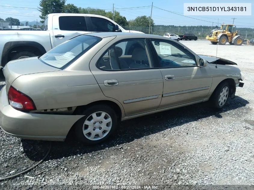 2000 Nissan Sentra Gxe/Xe VIN: 3N1CB51D1YL343181 Lot: 40207102