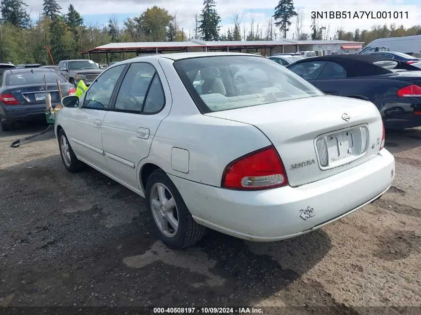 2000 Nissan Sentra Se VIN: 3N1BB51A7YL001011 Lot: 40508197