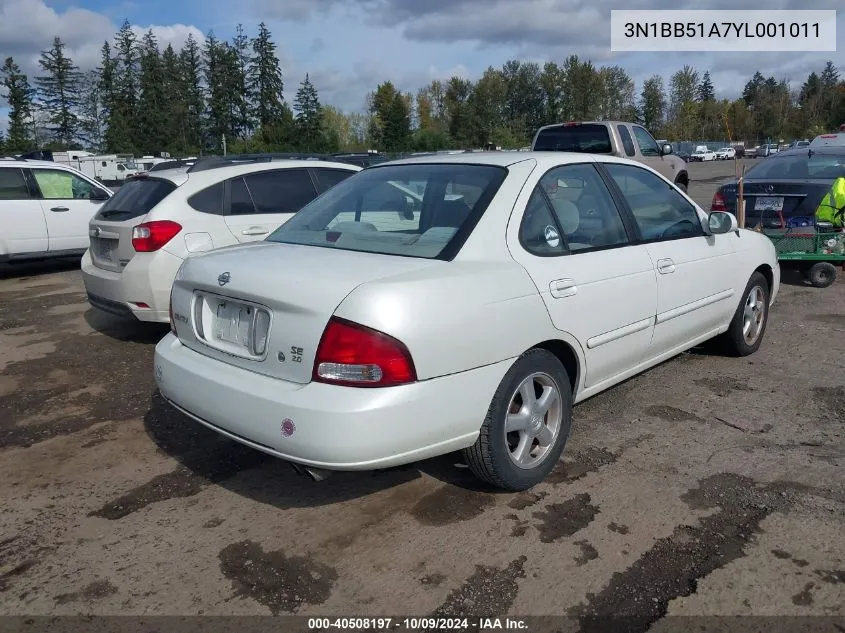 2000 Nissan Sentra Se VIN: 3N1BB51A7YL001011 Lot: 40508197