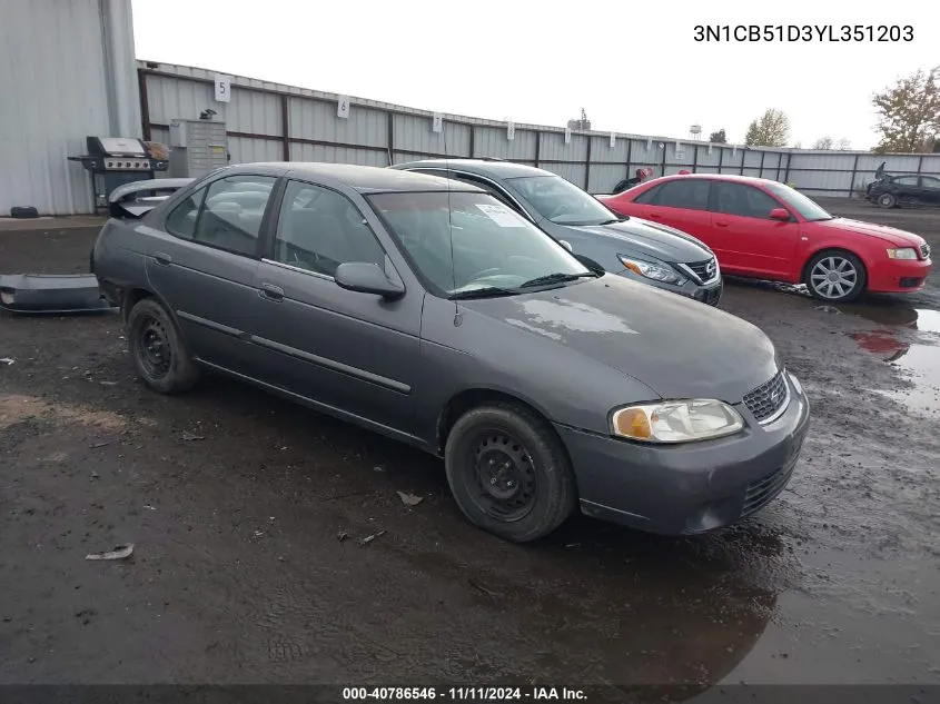 2000 Nissan Sentra Gxe/Xe VIN: 3N1CB51D3YL351203 Lot: 40786546