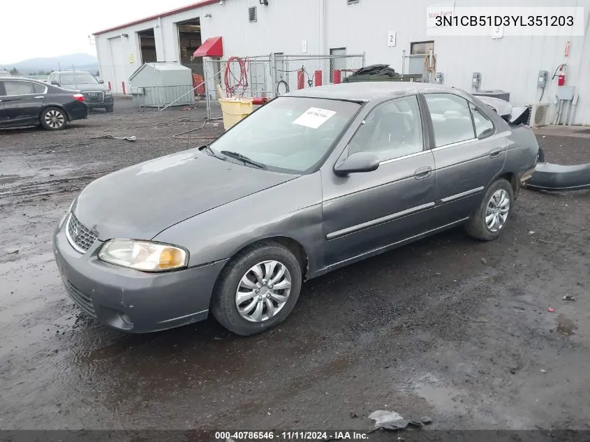 2000 Nissan Sentra Gxe/Xe VIN: 3N1CB51D3YL351203 Lot: 40786546