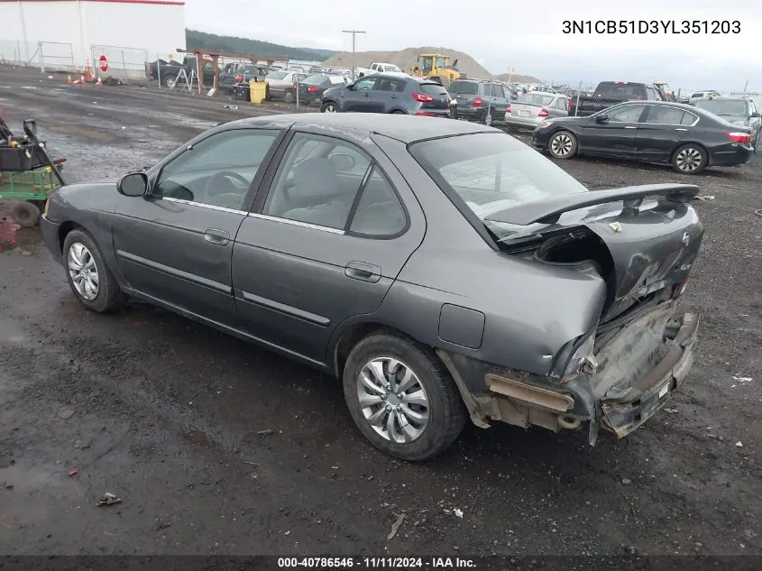 2000 Nissan Sentra Gxe/Xe VIN: 3N1CB51D3YL351203 Lot: 40786546