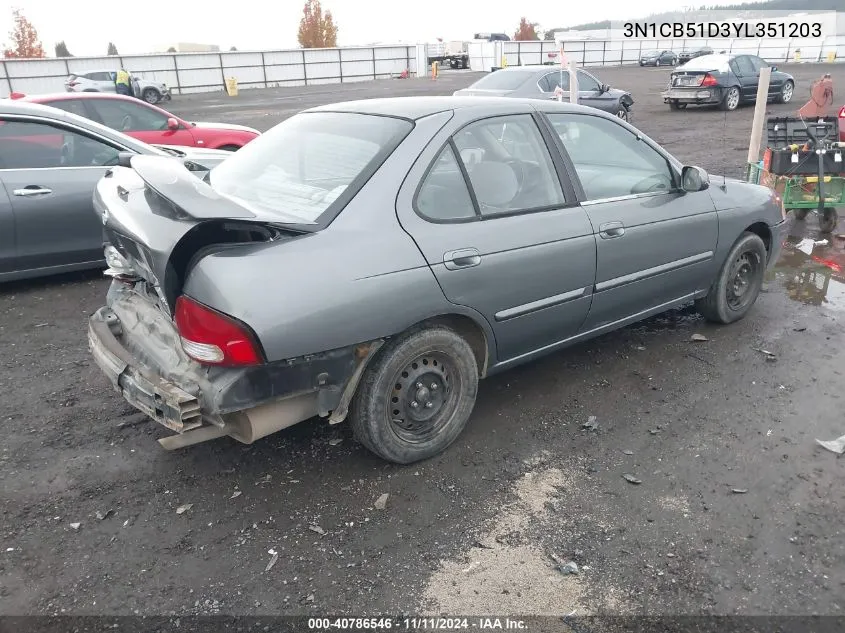 2000 Nissan Sentra Gxe/Xe VIN: 3N1CB51D3YL351203 Lot: 40786546