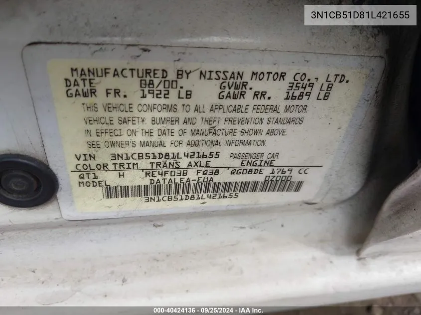 3N1CB51D81L421655 2001 Nissan Sentra Gxe