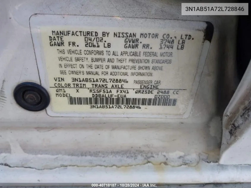 2002 Nissan Sentra Se-R VIN: 3N1AB51A72L728846 Lot: 40718187