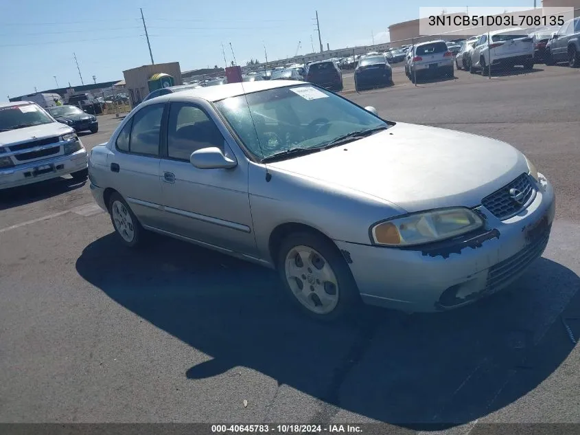 2003 Nissan Sentra Gxe VIN: 3N1CB51D03L708135 Lot: 40645783