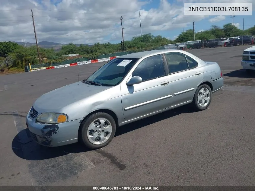 2003 Nissan Sentra Gxe VIN: 3N1CB51D03L708135 Lot: 40645783