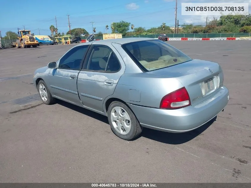 2003 Nissan Sentra Gxe VIN: 3N1CB51D03L708135 Lot: 40645783