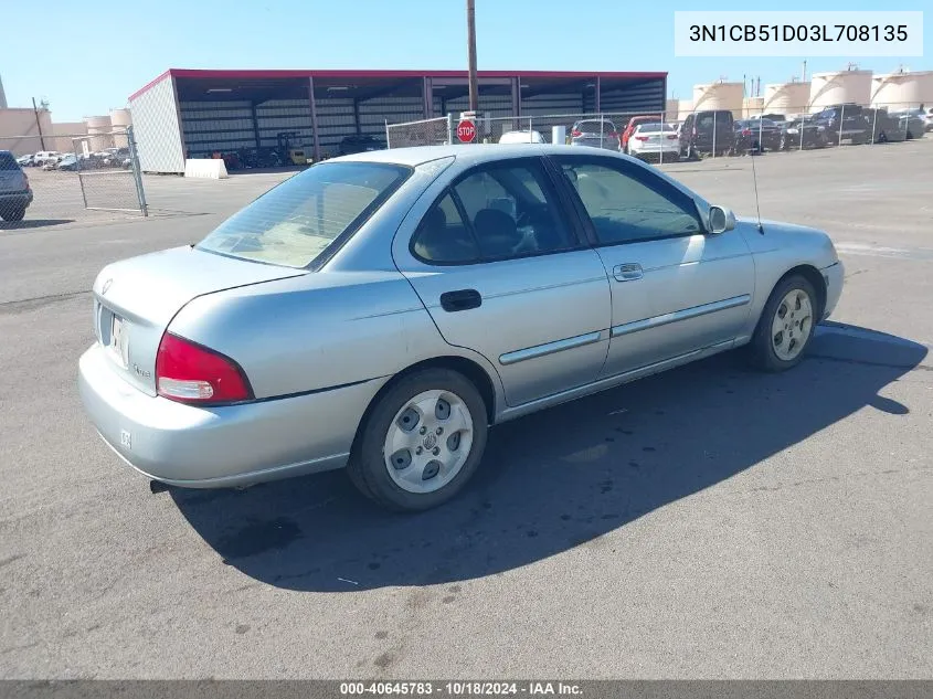 2003 Nissan Sentra Gxe VIN: 3N1CB51D03L708135 Lot: 40645783