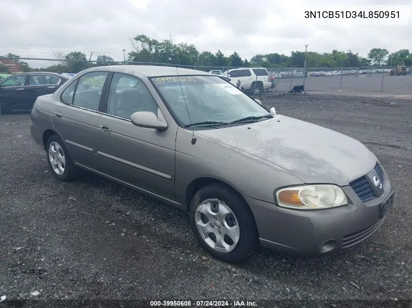 2004 Nissan Sentra 1.8S VIN: 3N1CB51D34L850951 Lot: 39950608