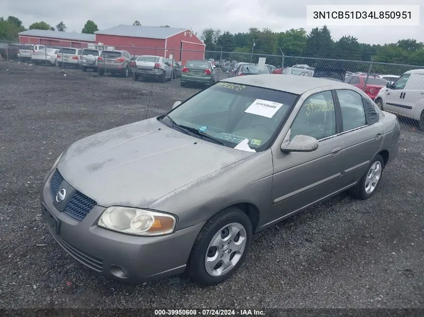 2004 Nissan Sentra 1.8S VIN: 3N1CB51D34L850951 Lot: 39950608