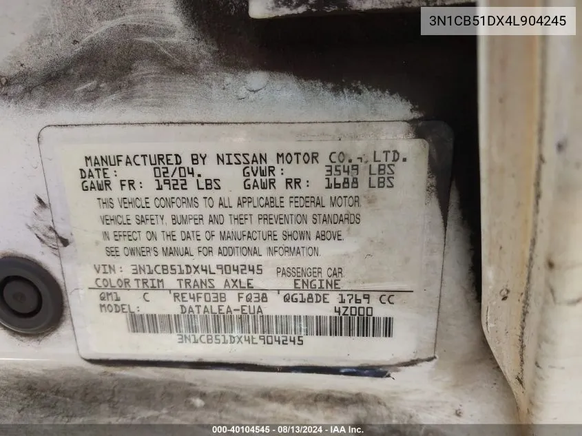 3N1CB51DX4L904245 2004 Nissan Sentra 1.8S