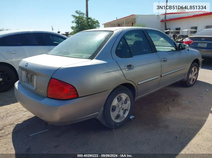 2004 Nissan Sentra 1.8S VIN: 3N1CB51D64L851334 Lot: 40290222