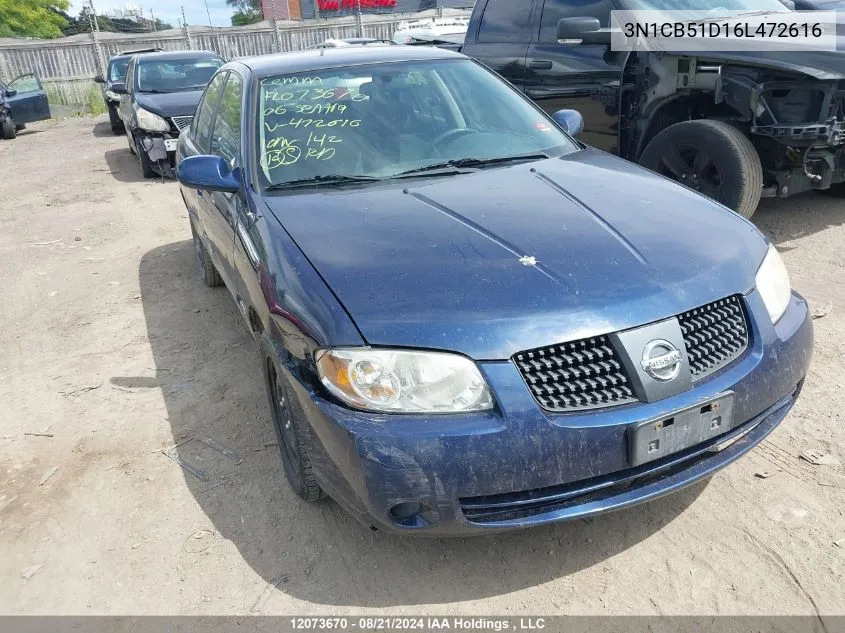 2006 Nissan Sentra 1.8/1.8S VIN: 3N1CB51D16L472616 Lot: 12073670