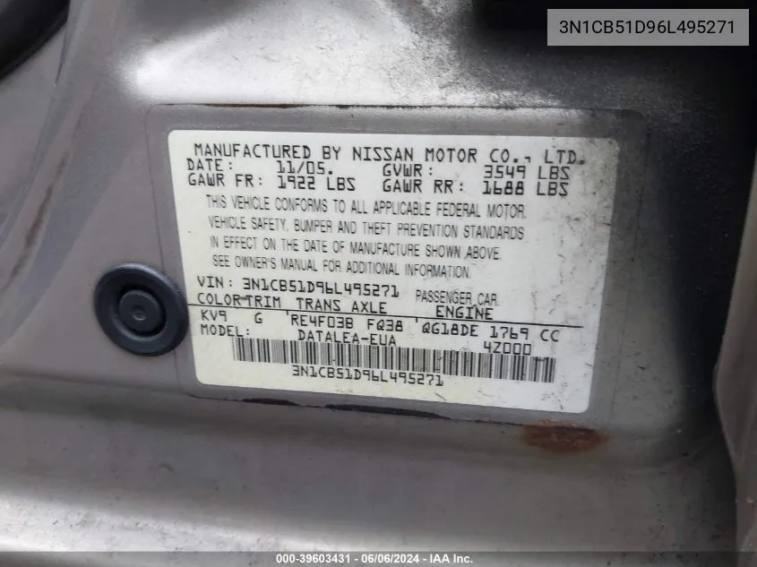 3N1CB51D96L495271 2006 Nissan Sentra 1.8S