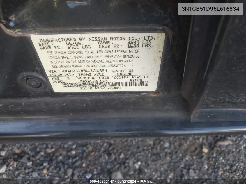 3N1CB51D96L616834 2006 Nissan Sentra 1.8S