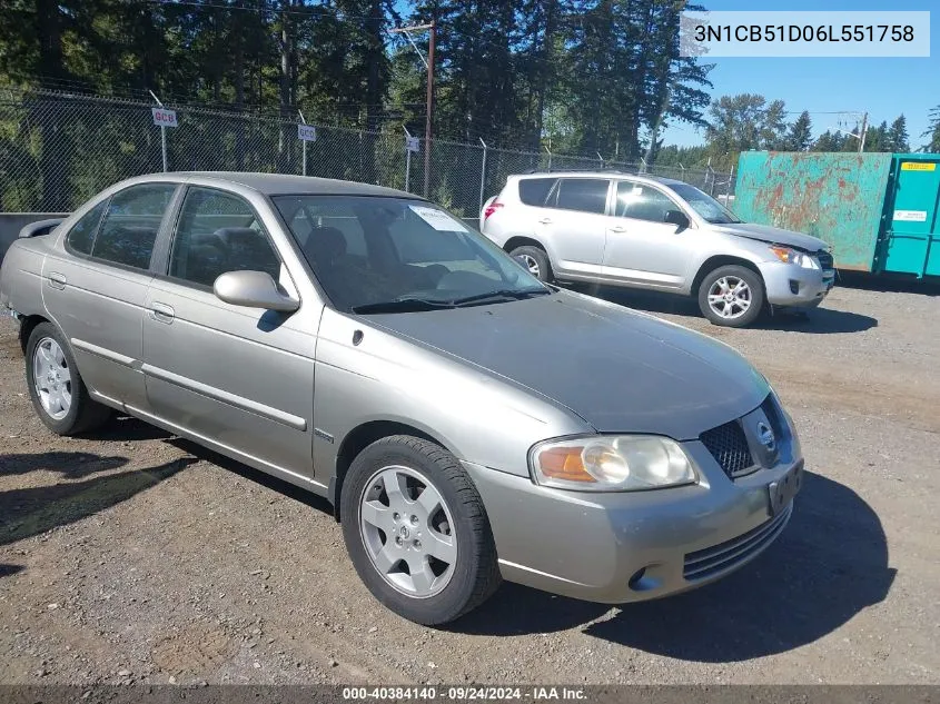 2006 Nissan Sentra 1.8S VIN: 3N1CB51D06L551758 Lot: 40384140