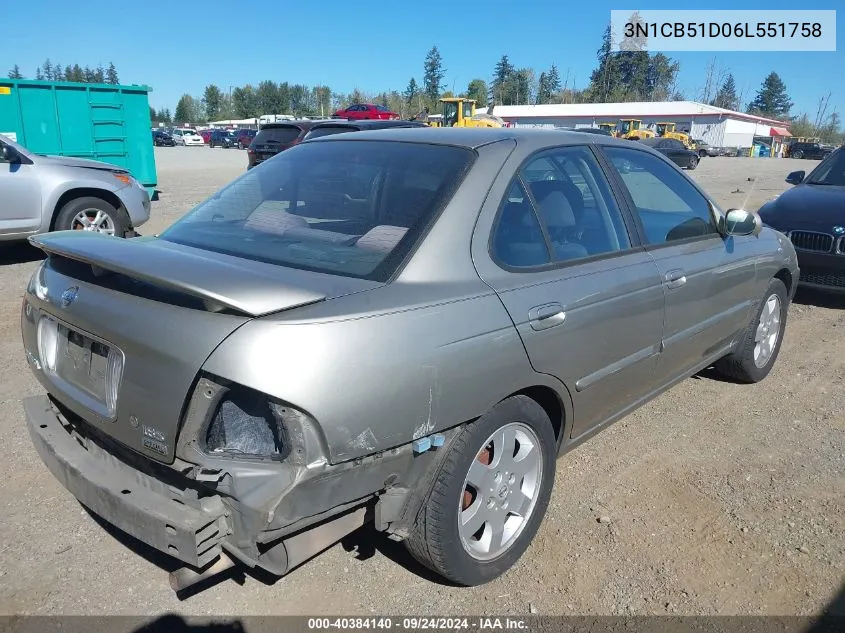 2006 Nissan Sentra 1.8S VIN: 3N1CB51D06L551758 Lot: 40384140