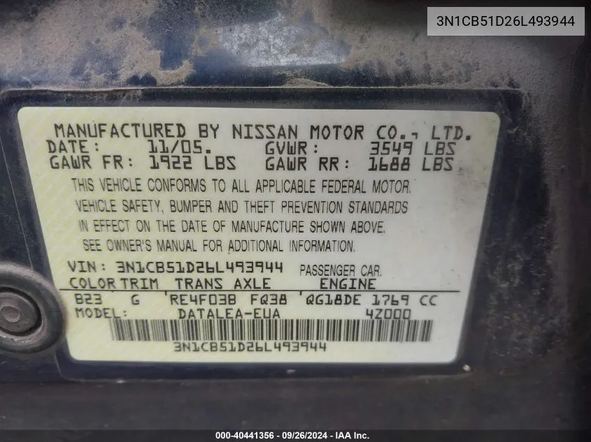 3N1CB51D26L493944 2006 Nissan Sentra 1.8S