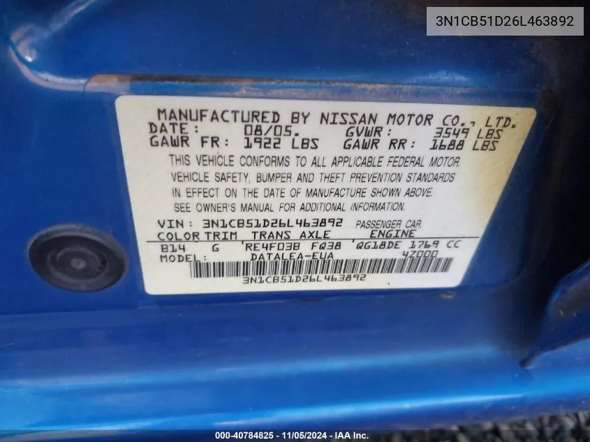 3N1CB51D26L463892 2006 Nissan Sentra 1.8/1.8S