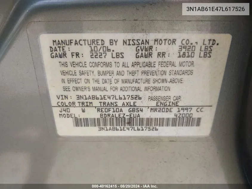 3N1AB61E47L617526 2007 Nissan Sentra 2.0S