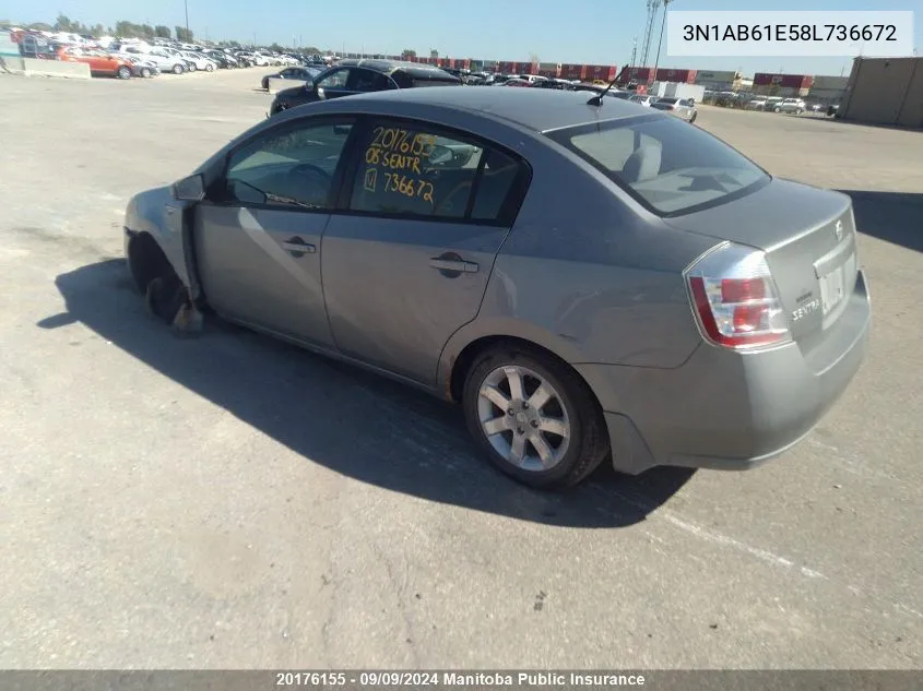 2008 Nissan Sentra 2.0 S VIN: 3N1AB61E58L736672 Lot: 20176155