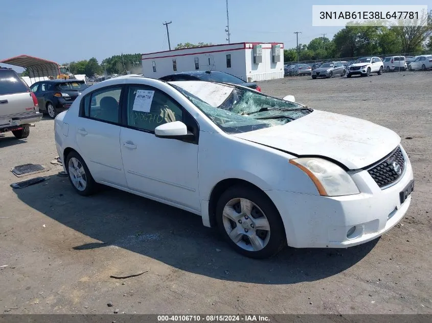 2008 Nissan Sentra 2.0/2.0S/2.0Sl VIN: 3N1AB61E38L647781 Lot: 40106710