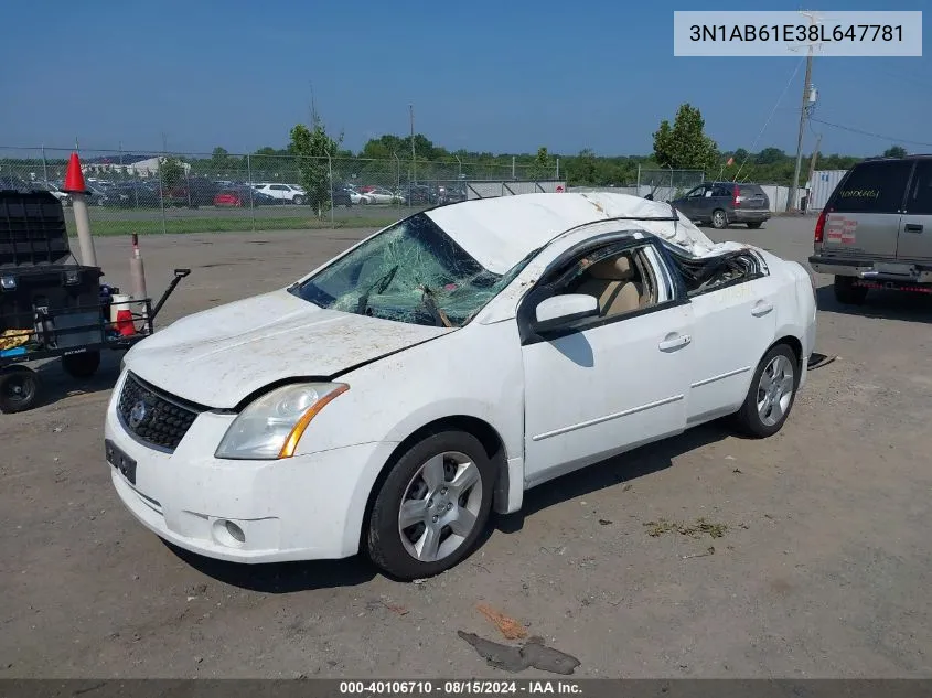 2008 Nissan Sentra 2.0/2.0S/2.0Sl VIN: 3N1AB61E38L647781 Lot: 40106710