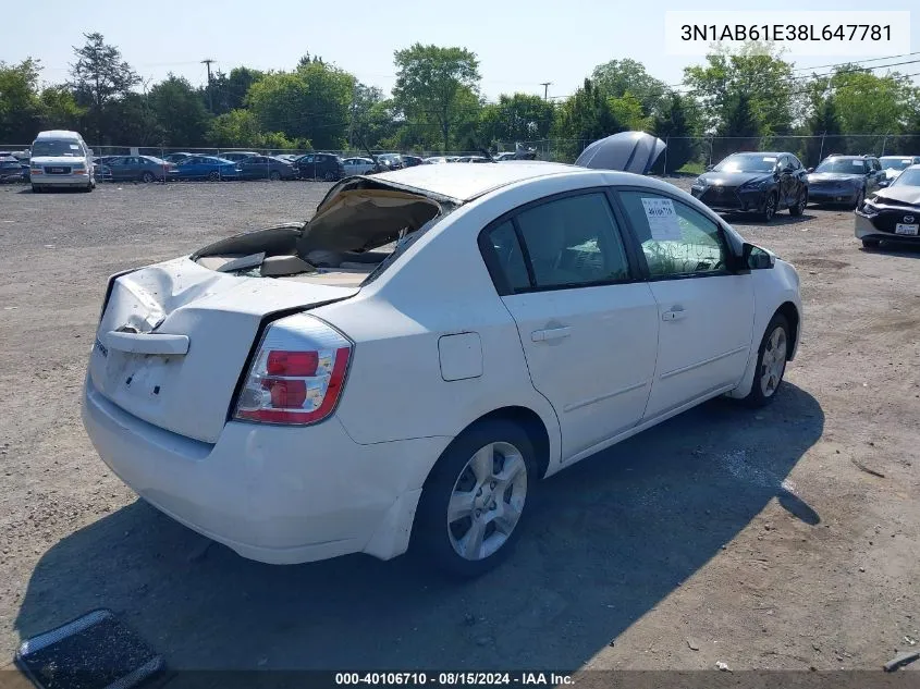 2008 Nissan Sentra 2.0/2.0S/2.0Sl VIN: 3N1AB61E38L647781 Lot: 40106710