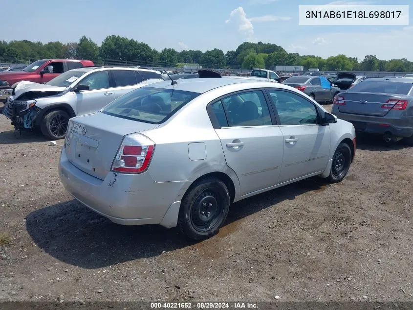 2008 Nissan Sentra 2.0S VIN: 3N1AB61E18L698017 Lot: 40221652