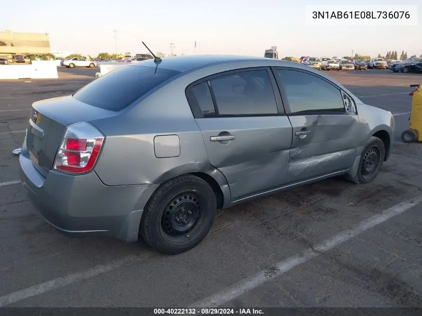 2008 Nissan Sentra 2.0S VIN: 3N1AB61E08L736076 Lot: 40222132