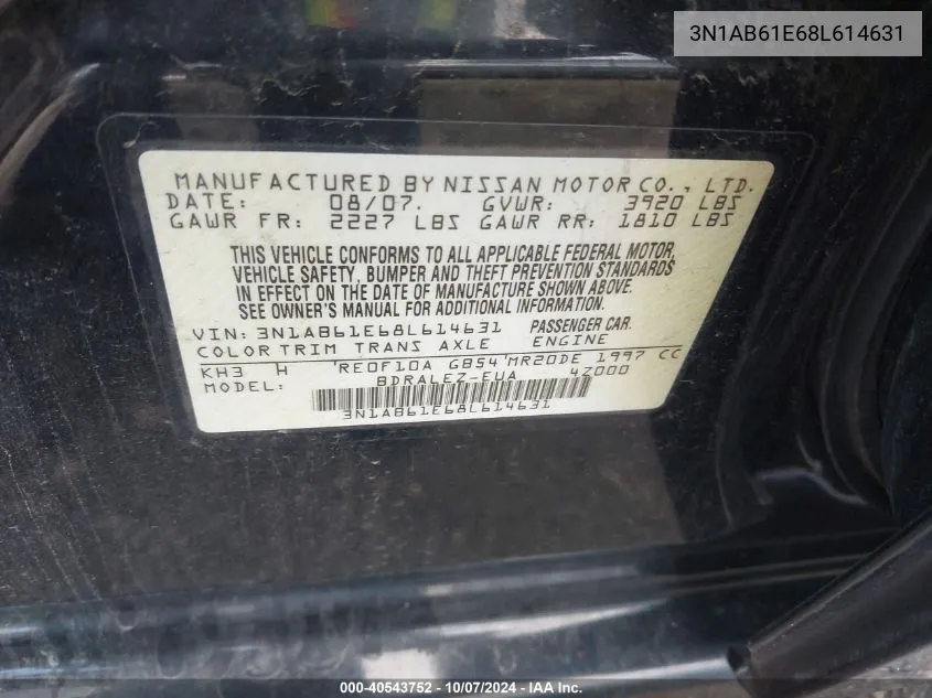 3N1AB61E68L614631 2008 Nissan Sentra 2.0S