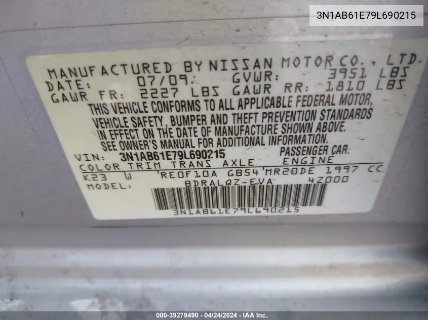 3N1AB61E79L690215 2009 Nissan Sentra 2.0