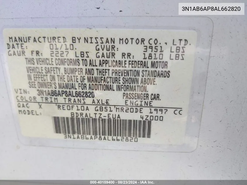 3N1AB6AP8AL662820 2010 Nissan Sentra 2.0S