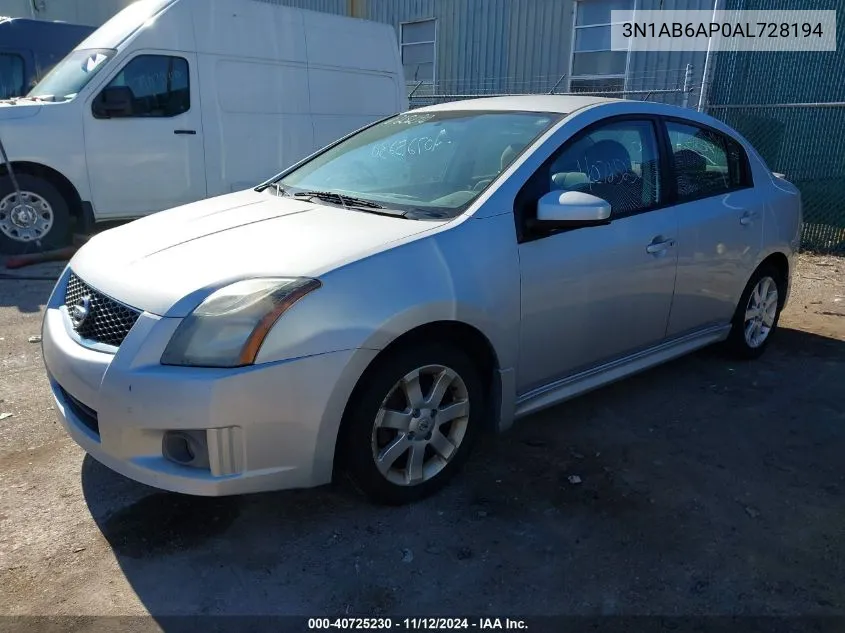 2010 Nissan Sentra 2.0Sr VIN: 3N1AB6AP0AL728194 Lot: 40725230