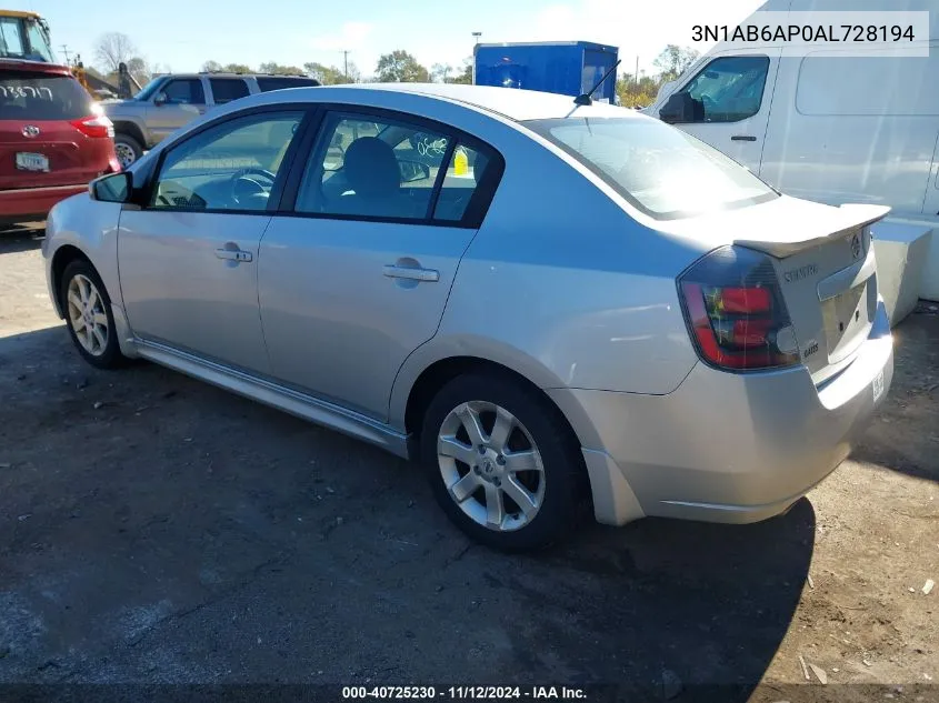 2010 Nissan Sentra 2.0Sr VIN: 3N1AB6AP0AL728194 Lot: 40725230