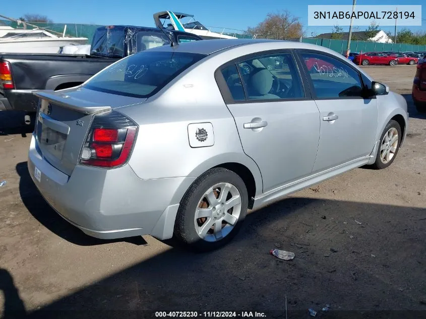 2010 Nissan Sentra 2.0Sr VIN: 3N1AB6AP0AL728194 Lot: 40725230