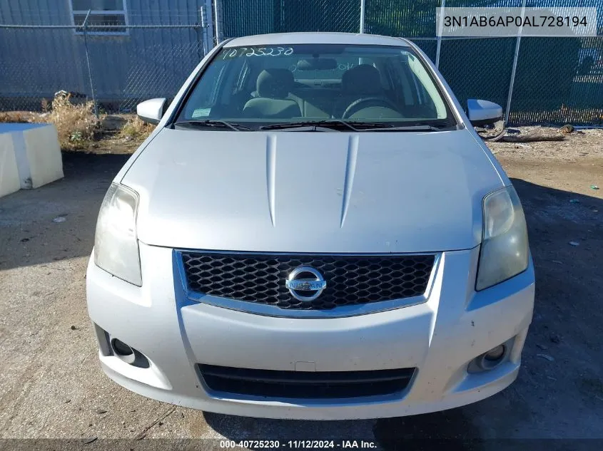 2010 Nissan Sentra 2.0Sr VIN: 3N1AB6AP0AL728194 Lot: 40725230