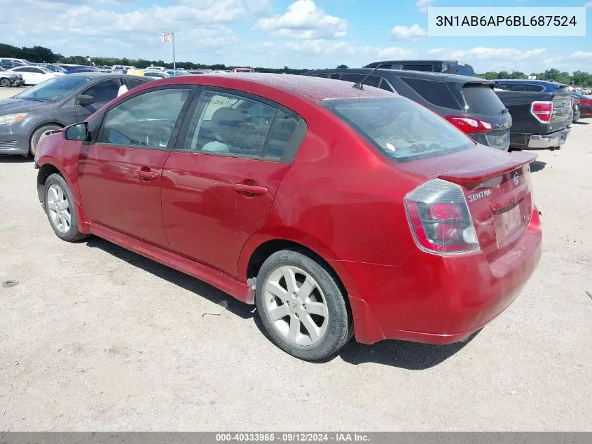 2011 Nissan Sentra 2.0/2.0S/Sr/2.0Sl VIN: 3N1AB6AP6BL687524 Lot: 40333965