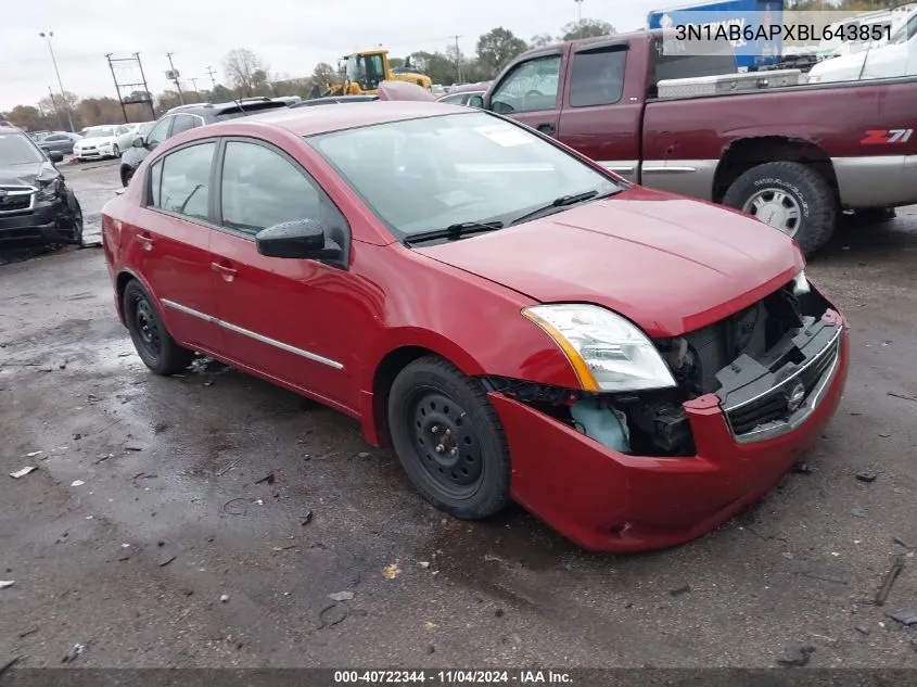 2011 Nissan Sentra 2.0S VIN: 3N1AB6APXBL643851 Lot: 40722344