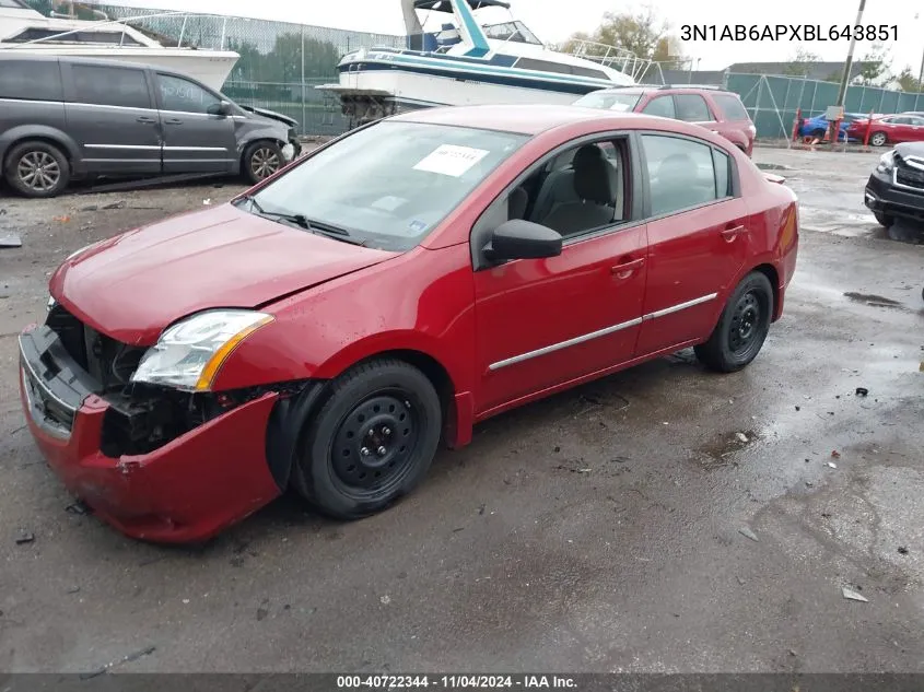 2011 Nissan Sentra 2.0S VIN: 3N1AB6APXBL643851 Lot: 40722344