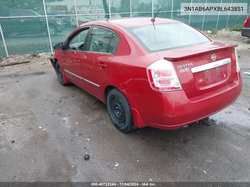 2011 Nissan Sentra 2.0S VIN: 3N1AB6APXBL643851 Lot: 40722344