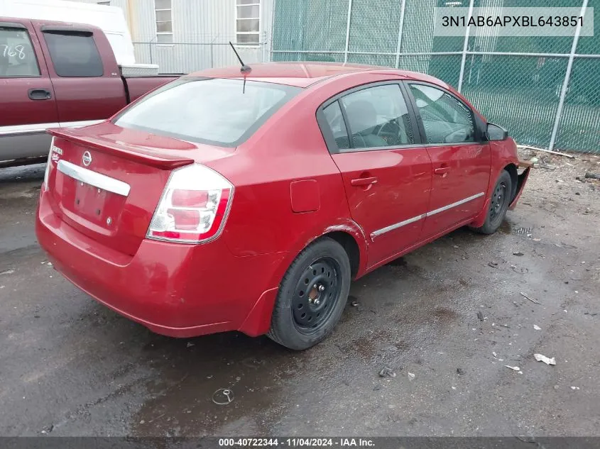 2011 Nissan Sentra 2.0S VIN: 3N1AB6APXBL643851 Lot: 40722344