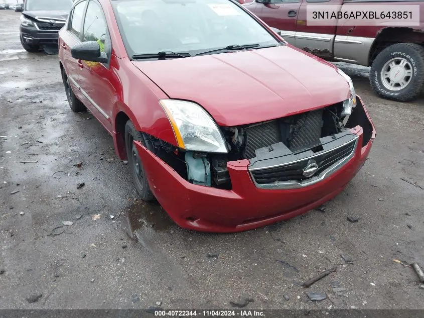 2011 Nissan Sentra 2.0S VIN: 3N1AB6APXBL643851 Lot: 40722344