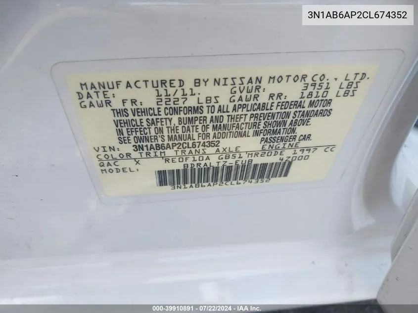 3N1AB6AP2CL674352 2012 Nissan Sentra 2.0 S