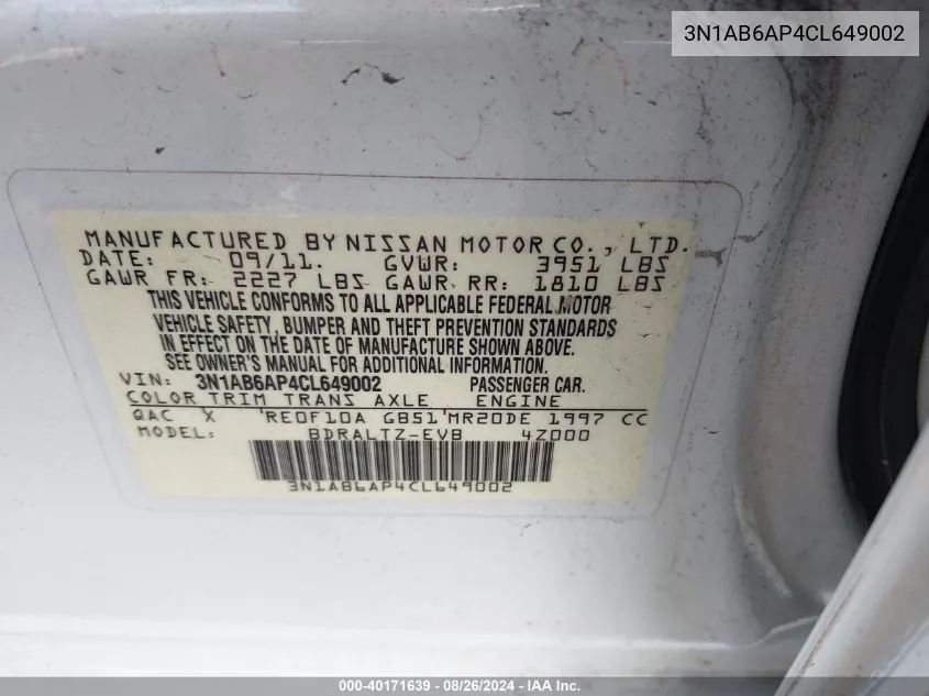 3N1AB6AP4CL649002 2012 Nissan Sentra 2.0 Sr