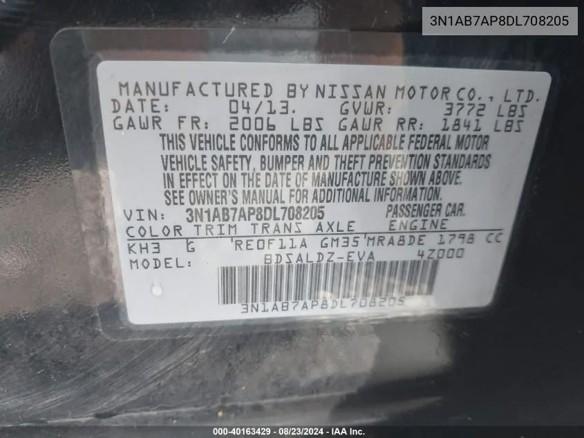 3N1AB7AP8DL708205 2013 Nissan Sentra Sv