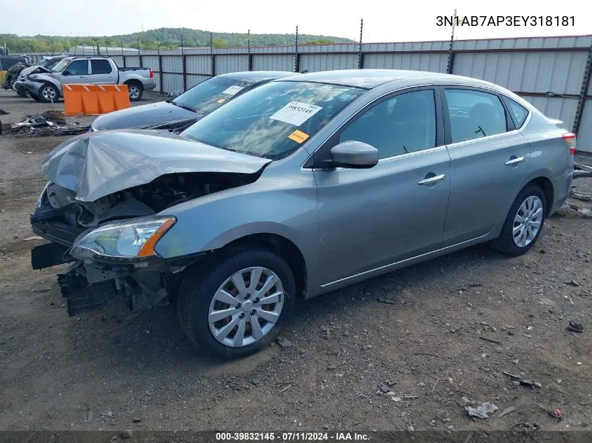 2014 Nissan Sentra S VIN: 3N1AB7AP3EY318181 Lot: 39832145