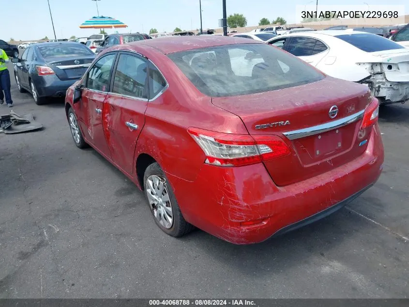 2014 Nissan Sentra Fe+ S/Fe+ Sv/S/Sl/Sr/Sv VIN: 3N1AB7AP0EY229698 Lot: 40068788